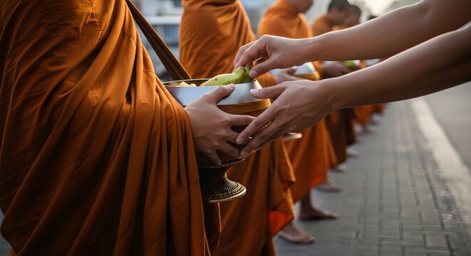 Buddhist Monks Receiving Morning Alms Food Offerings on Street