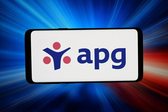 Stuttgart, Germany - 03-20-2026: In this photo illustration, the logo of pension fund Algemene Pensioen Groep (APG) is displayed on a smartphone in front of abstract background on computer screen.