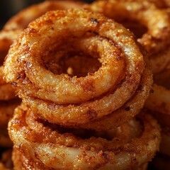 Fototapeta premium Golden Crispy Onion Rings Stacked High, Deliciously Crunchy Appetizer Perfect for Any Meal or Snack