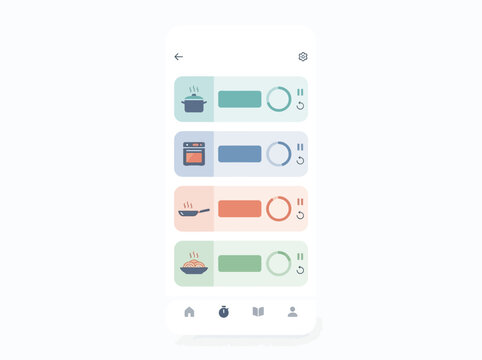 Modern Smart Cooking Timer Mobile Application Interface with Kitchen Appliance Status Monitoring for Efficient Meal Preparation
