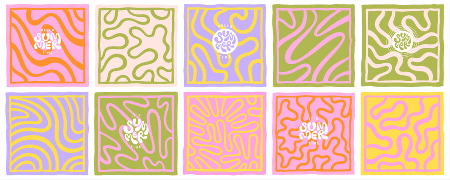 Deformed fluid uneven organic lines vector funky groovy maze square backgrounds frames set. Hello summer hand lettering. Doodle patterns collection. Uneven hand drawn wavy twisted curved lines waves.
