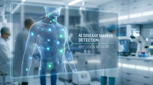 Artificial intelligence-driven diagnostics visualize human biological markers on a futuristic holographic display, advancing precision medicine and early disease detection in a modern lab