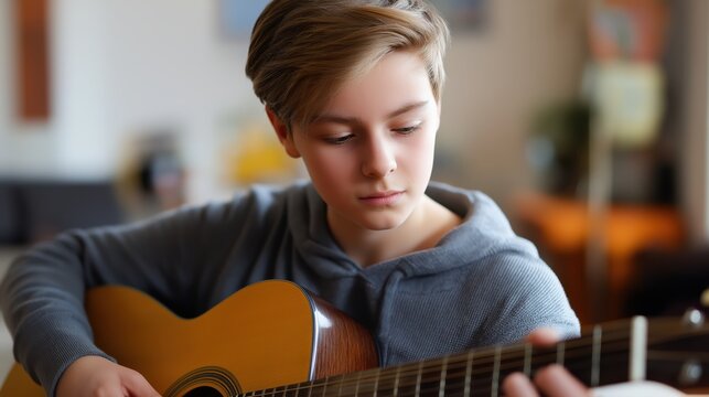 Teen boy practicing acoustic guitar at home, focused on chords in soft natural light.