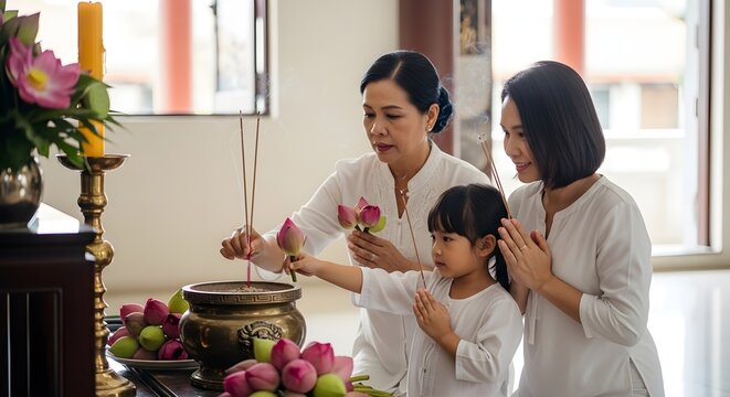 Multi-generational family offering prayers with incense and lotus flowers