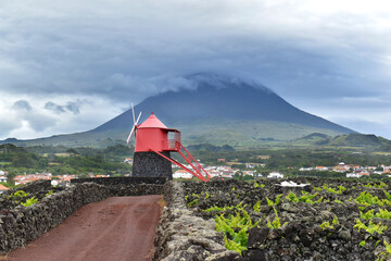 Red windmill stands under volcano on Pico Island, surrounded by volcanic vineyards and picturesque village, Azores © Klara Bakalarova