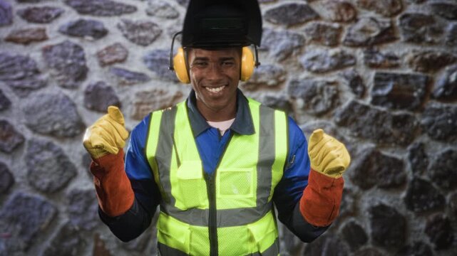 Man welder wearing welding helmet and gloves smiles and gives thumbs up with visible face in a building; pride safety.