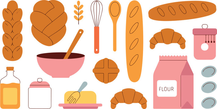 Modern flat cooking elements collection featuring challah baguette butter and utensils simple bakery theme illustration design