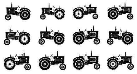 Set of Black Tractor Icons on White Background, Agricultural Vehicle Vector Illustrations © Buku