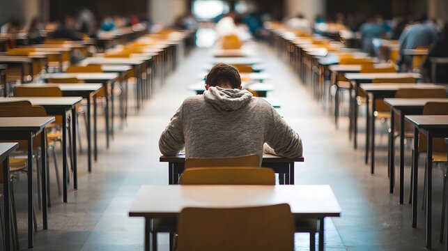 Student sitting alone in large exam hall with rows of empty desks and chairs.