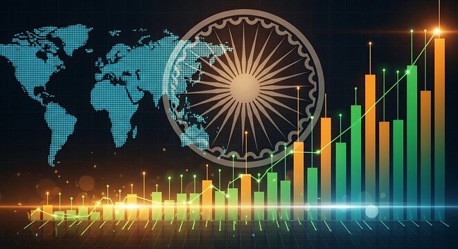 India Economic Growth Concept with Ashoka Chakra, World Map and Rising Financial Bar Charts Representing Emerging Market Success