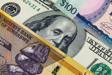 Different 100 Dollars banknotes from the USA, Guyana, and Zimbabwe. Global variety of the dollar as a monetary unit. © Sergii