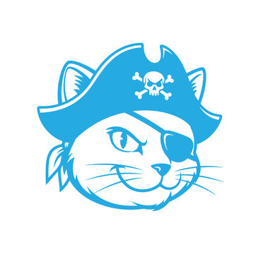 blue pirate cat face with eye patch and bandana on head