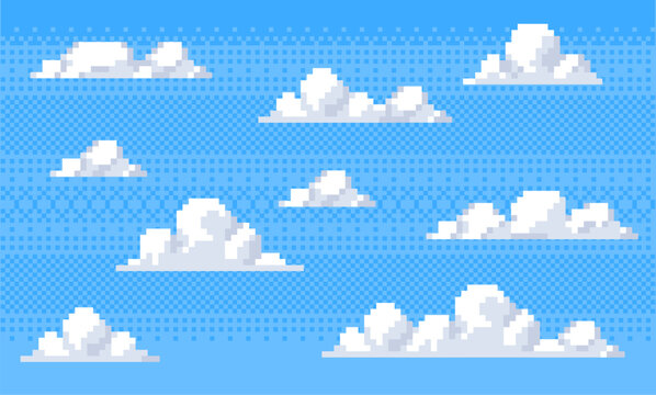 Fluffy clouds pixel art icon set. Smoke or fog. sky 8-bit sprite Isolated vector illustration
