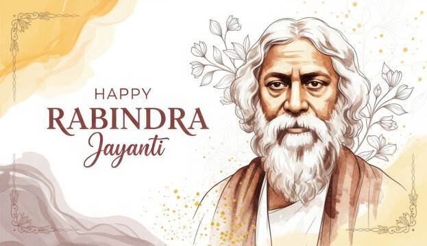 Rabindranath tagore portrait with watercolor wash and floral line on a light background
