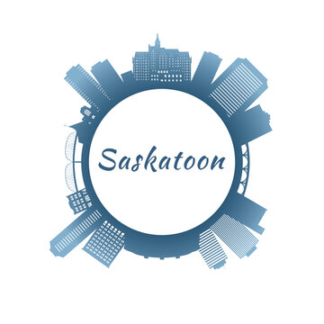 Saskatoon skyline with colorful buildings. Circular style. Stock vector illustration
