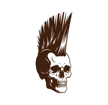 Brown skull with mohawk hair on white background