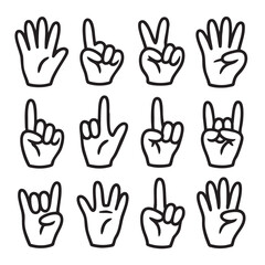 Fototapeta premium Set of hands making different gestures in black outline on white background for illustration