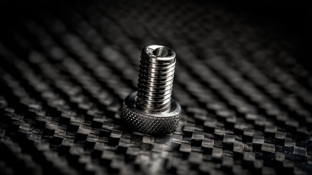 Close-up of precision metal bolt on carbon fiber background