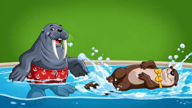 Cartoon walrus and otter swimming pool fun animated characters enjoying summer activities educational kids content cartoon style