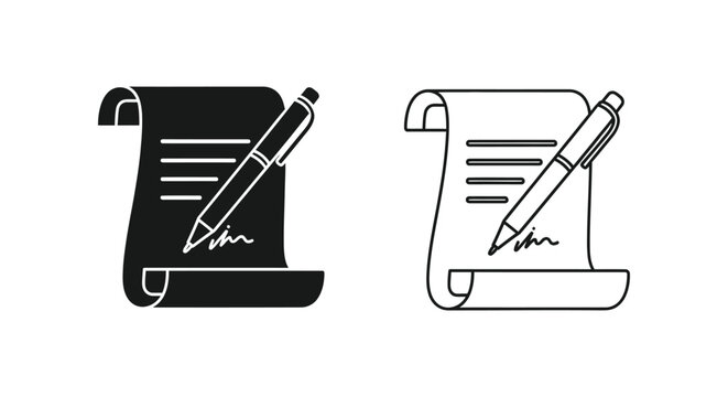 a black and white icon of a pen on a scroll Vector