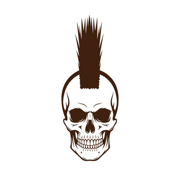skull with mohawk haircut and headband on white background