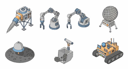 Collection of Isometric Space Exploration Robots and Equipment. © mbak