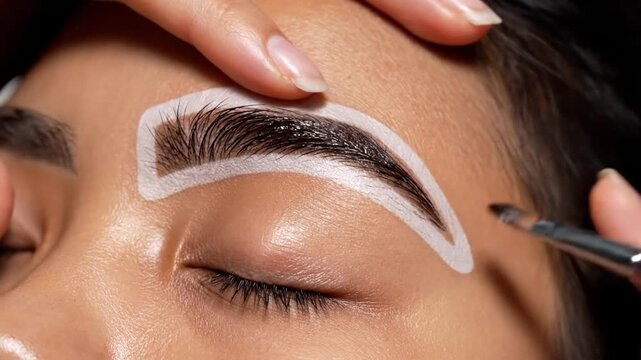 A professional applies cosmetic product to an individual's eyebrow using a small brush and a shaping stencil for precise application