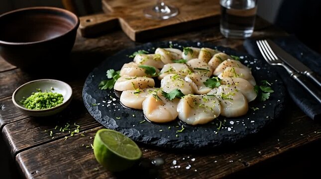 Fresh raw scallop carpaccio served upon dark slate platter with zesty citrus garnish, culinary arrangement, seafood appetizer, rustic table setting.