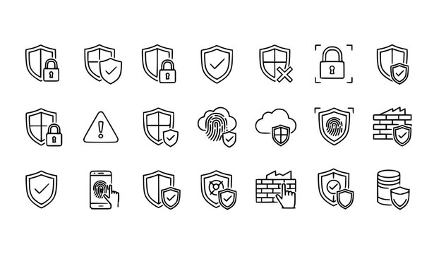 Security shield line icon collection with lock verification and data protection symbols editable stroke vector