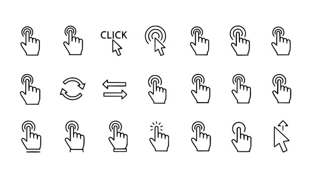 Hand cursor line icon collection with click and touch gesture symbols editable stroke UI vector