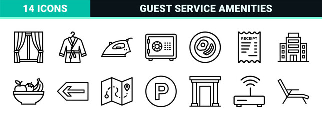 Fototapeta premium Minimalist monoline hotel and hospitality icons for luxury guest amenities and travel navigation in a sleek geometric line art style.