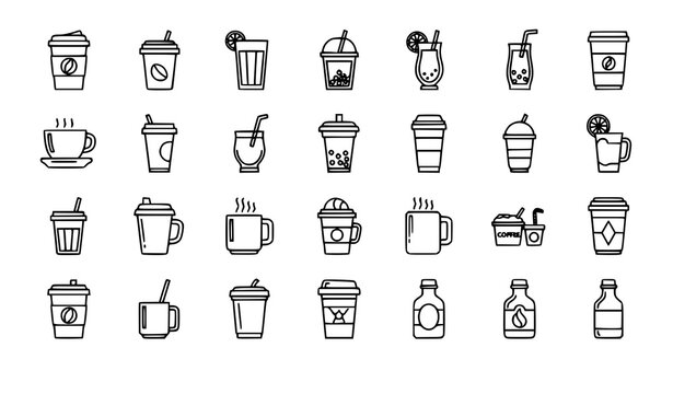 Beverage line icon set coffee juice cocktail smoothie bubble tea editable stroke vector isolated on white background