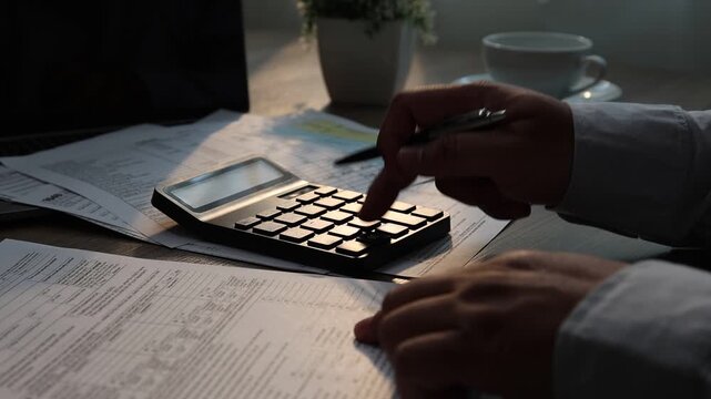Close-up of a person pressing a calculator while holding a pen and reviewing financial documents on a desk with a laptop and coffee cup, suitable for accounting, budgeting, tax filing, expense trackin