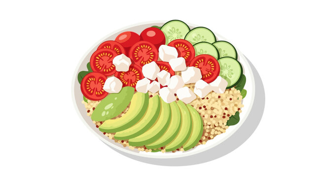 A vibrant salad bowl filled with quinoa avocado tomatoes cucumber and mozzarella cheese.