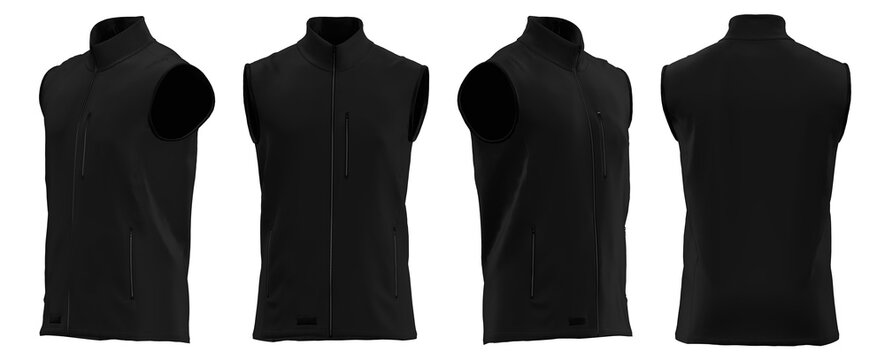 sleeveless vest mockup in four views. sporty jacket template with zipper and pockets.