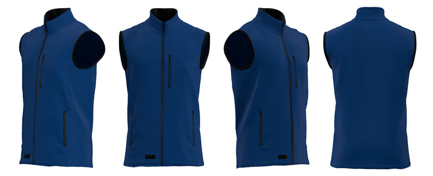sleeveless vest mockup in four views. sporty jacket template with zipper and pockets.