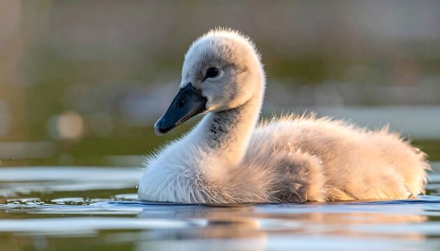 A fluffy, gray cygnet floats on calm water, its downy feathers catching the golden light. The background is softly blurred