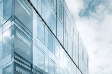Obraz premium Modern glass building facade reflects the sky and clouds.