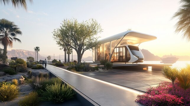 Futuristic transportation hub design with modern architecture and desert landscape.