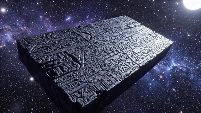 Detailed alien monolith in deep space with nebulae and bright star in background