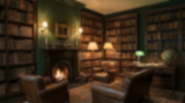 Cozy Classic Library Room Warm Lighting Fireplace