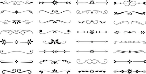 Minimalist hand-drawn line art dividers and embellishments featuring floral, leaf, and curved motifs elegant black ink style vector illustration © Mehg