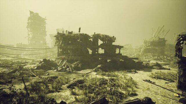 Desolate ruined outpost under yellow haze, abandoned armored vehicle halfburied in sand with twisted metal and shattered concrete, thick greenish fog, sparse