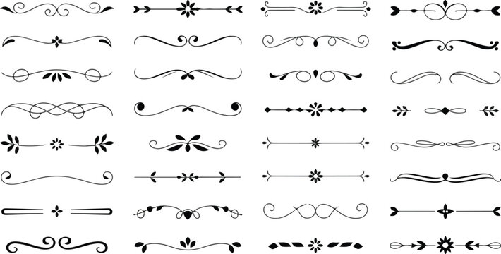 Minimalist hand-drawn line art dividers and embellishments featuring floral, leaf, and curved motifs elegant black ink style vector illustration