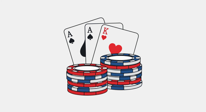 Playing cards and poker chips in red, white, and blue are stacked
