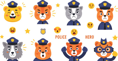 Fototapeta premium Cute animal police characters vector set with tiger bear wolf fox officer faces emoji expressions illustration isolated on white background