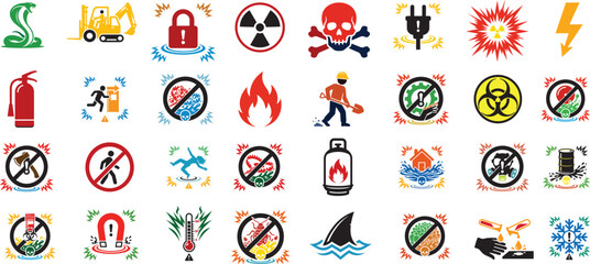 Fototapeta premium Colored linear danger and warning icon set featuring heat–cold, radiation, camera waves, and chemical reagents on a white background. 