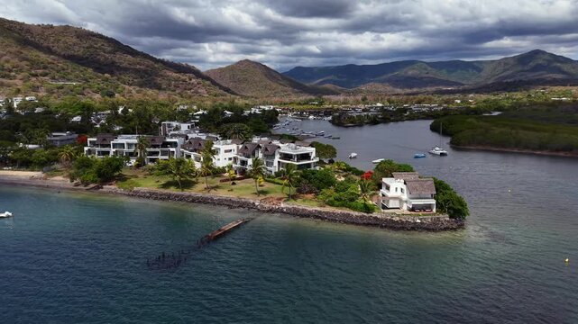 Aerial view captures serene waterfront property