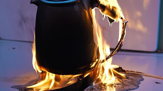 A electric kettle engulfed in flames, with the fire brightly illuminating its surface and rising upward. a dangerous situation, with dense tongues of fire covering its body.