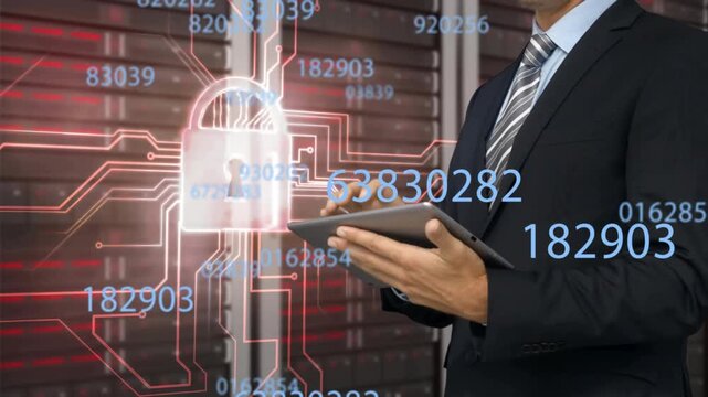 Man tapping tablet in datacenter engaging hologram padlock as blue numbers growing securing servers